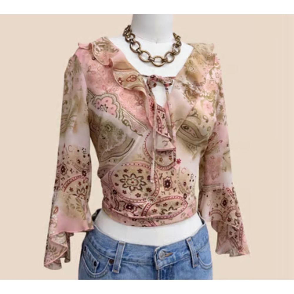Byer California Y2K Fairy Top Pink Paisley Ruffle Bell Sleeve Blouse Sz M boho